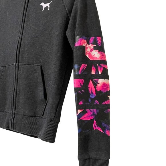Victorias Secret Pink Size XS Black Hoodie With Floral Sleeve & Logo Detail - Picture 5 of 11